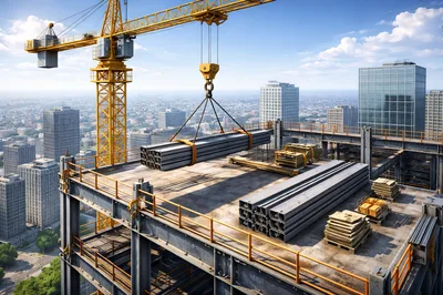 Construction Crane Lifting Steel Beams On Skyscraper Site