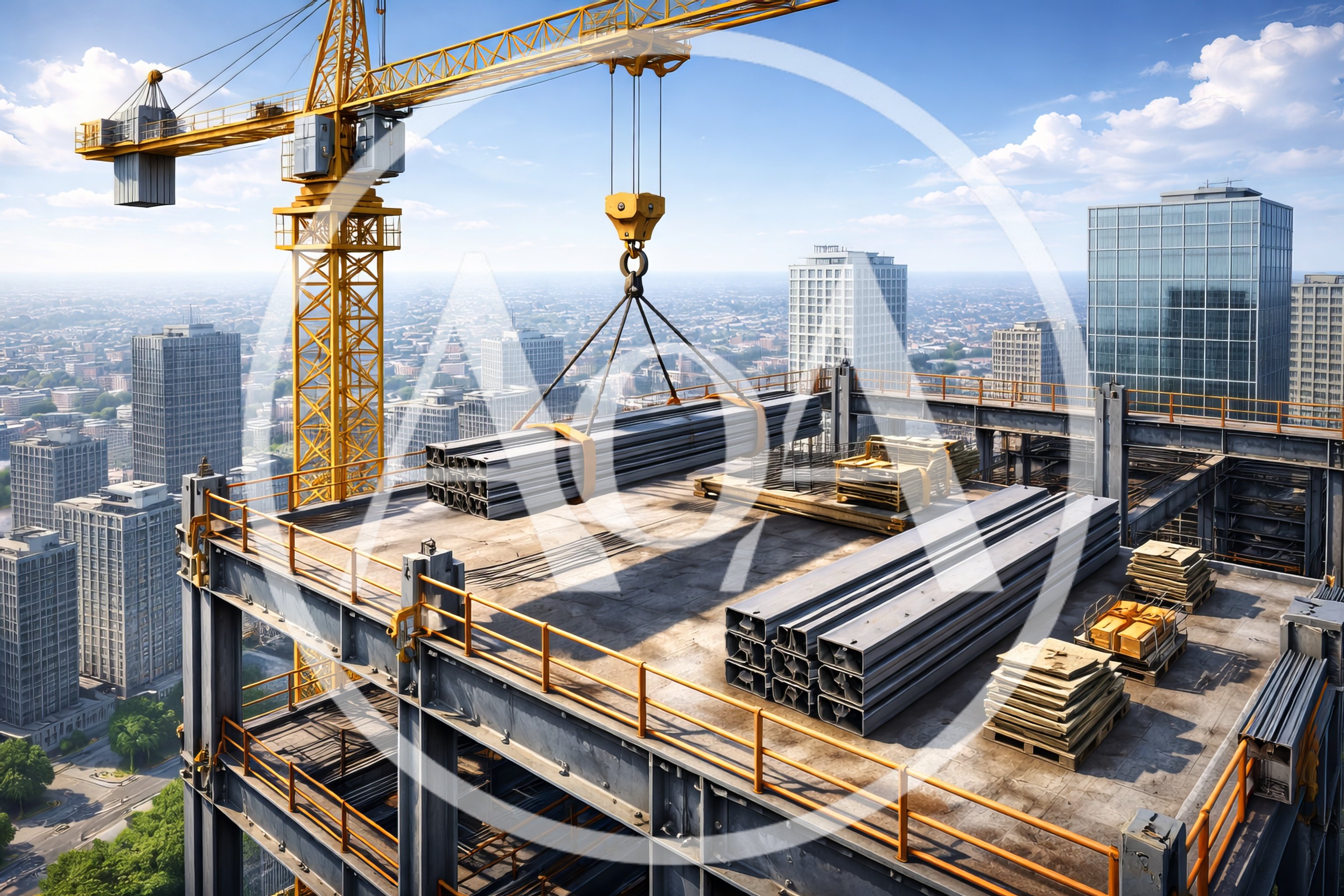 Construction Crane Lifting Steel Beams On Skyscraper Site