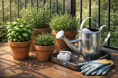 Potted Herbs And Gardening Tools On A Balcony