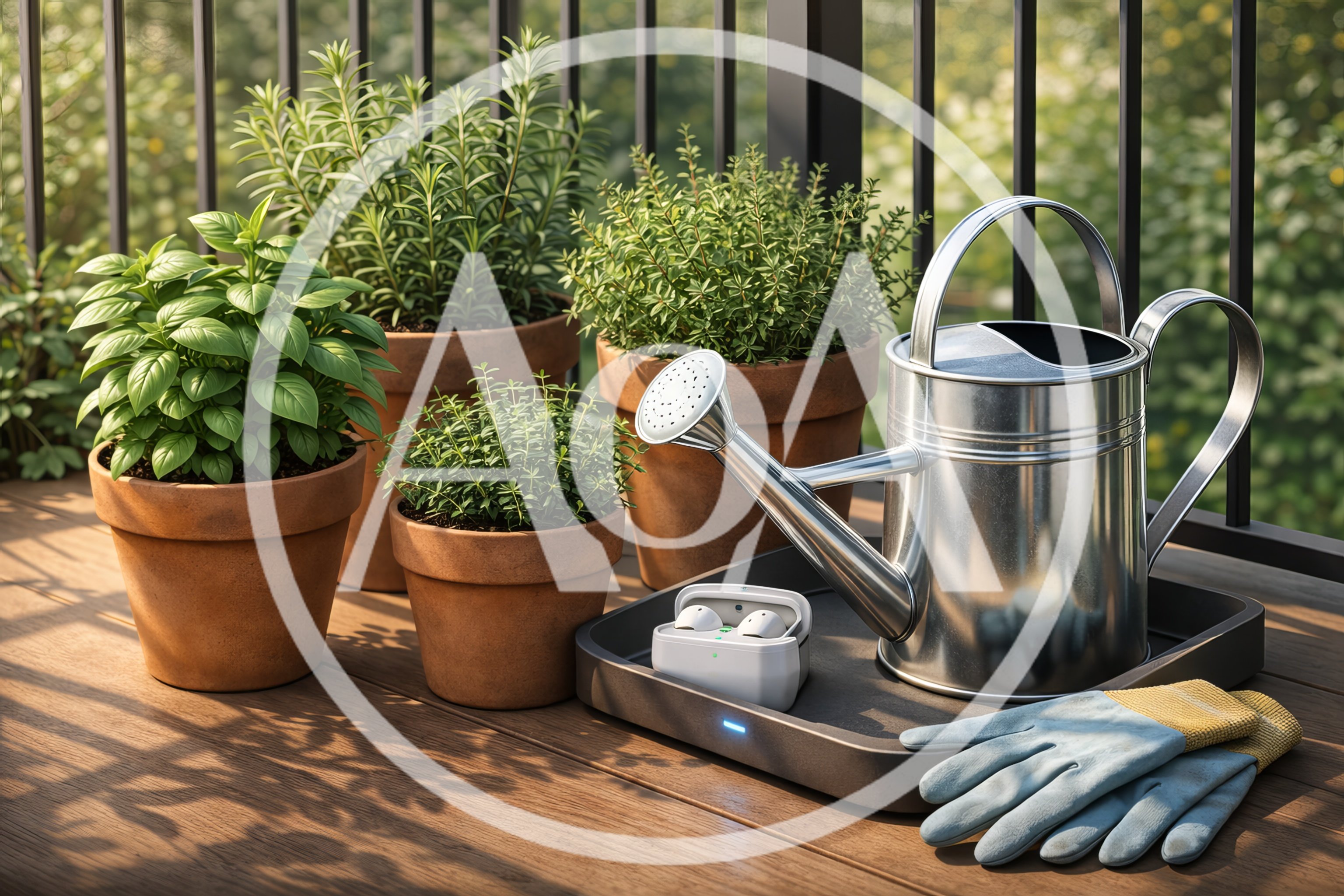 Potted Herbs And Gardening Tools On A Balcony