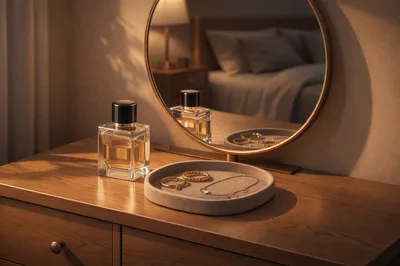 Perfume Bottle And Jewelry Tray On Wooden Vanity