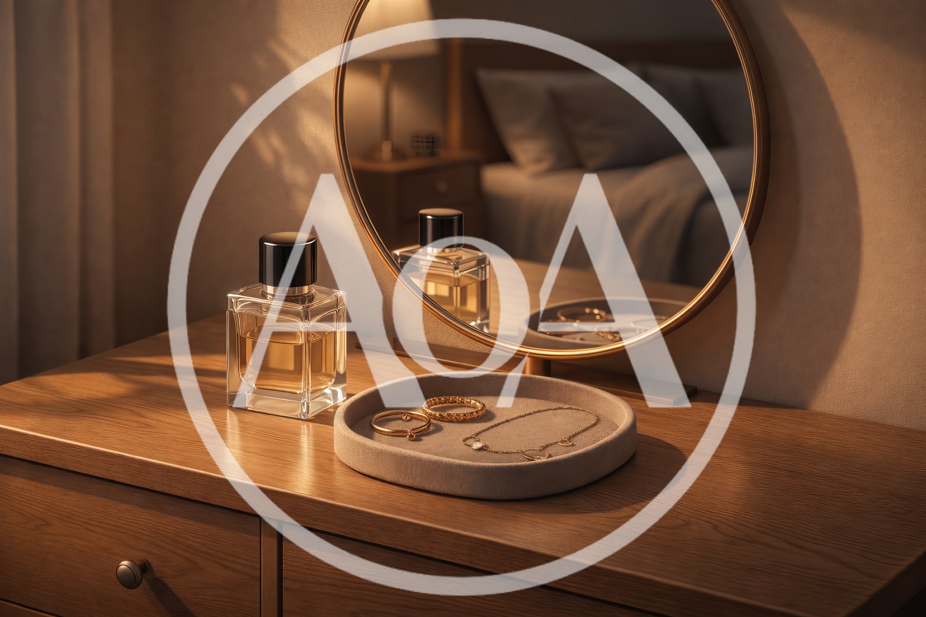 Perfume Bottle And Jewelry Tray On Wooden Vanity