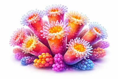 Vibrant Colorful Sea Anemone Cluster Isolated On White