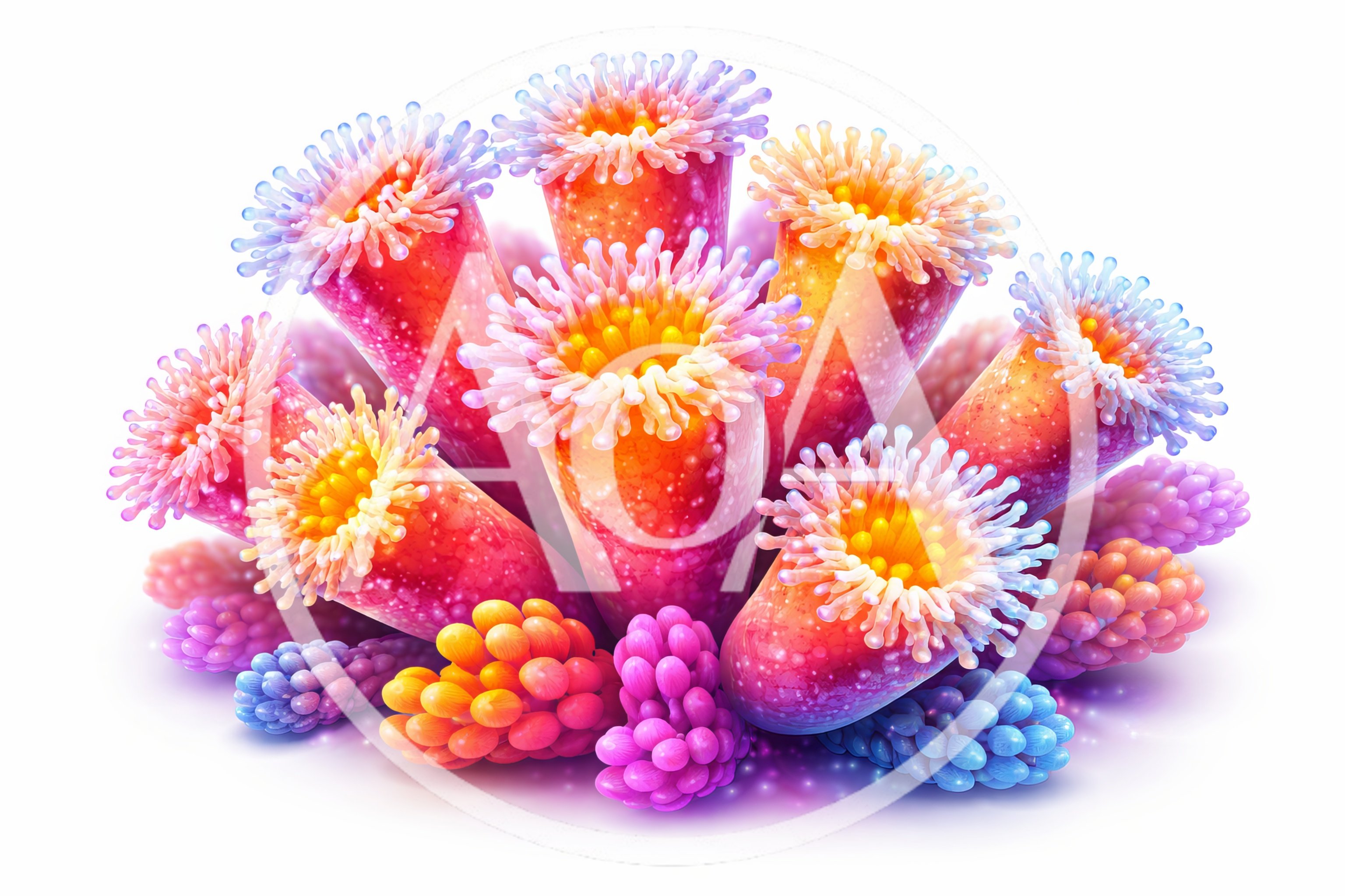 Vibrant Colorful Sea Anemone Cluster Isolated On White