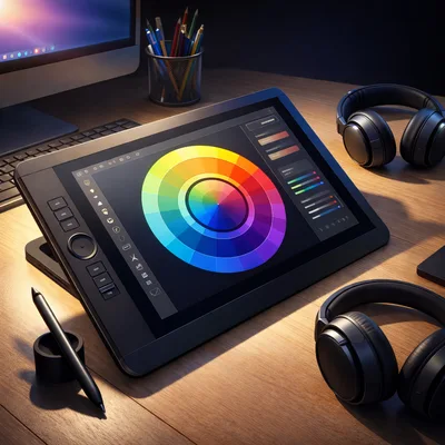 Digital Artist Workspace With Graphics Tablet And Headphones