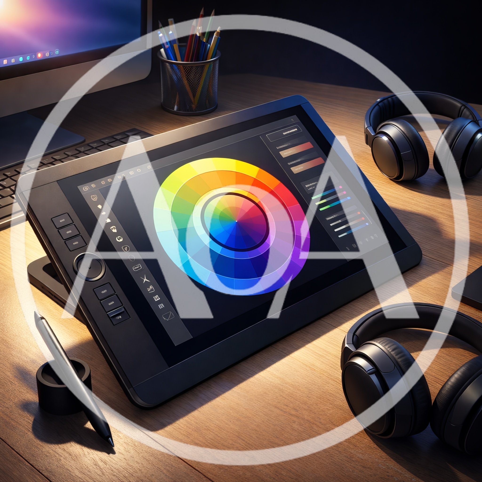 Digital Artist Workspace With Graphics Tablet And Headphones
