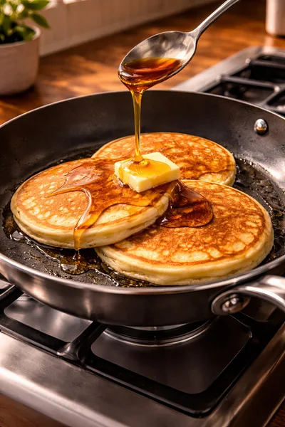 Maple Syrup Pouring Over Pancakes With Butter