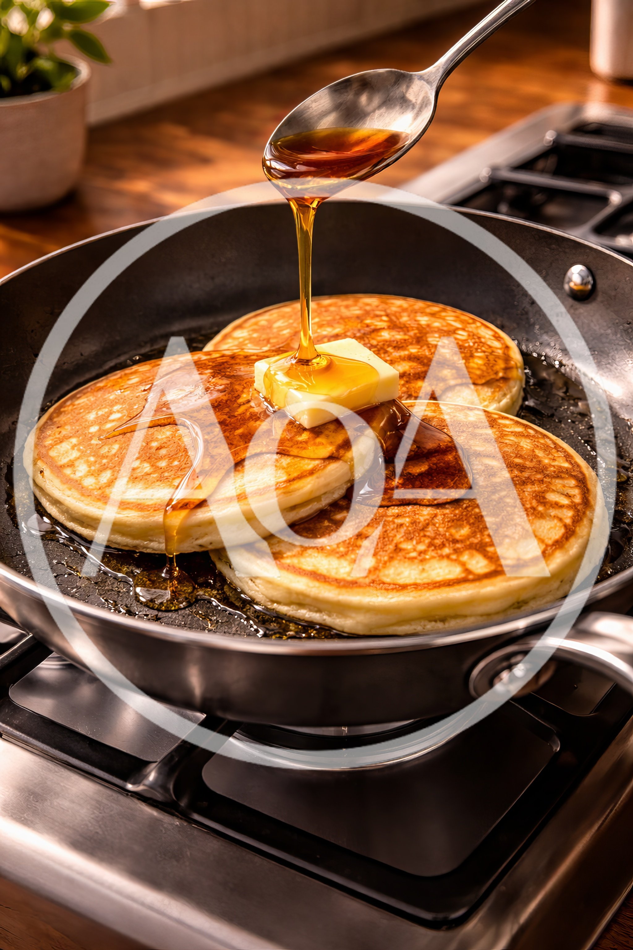 Maple Syrup Pouring Over Pancakes With Butter