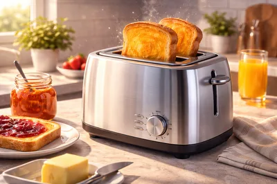 Stainless Steel Toaster With Toasting Bread In Kitchen