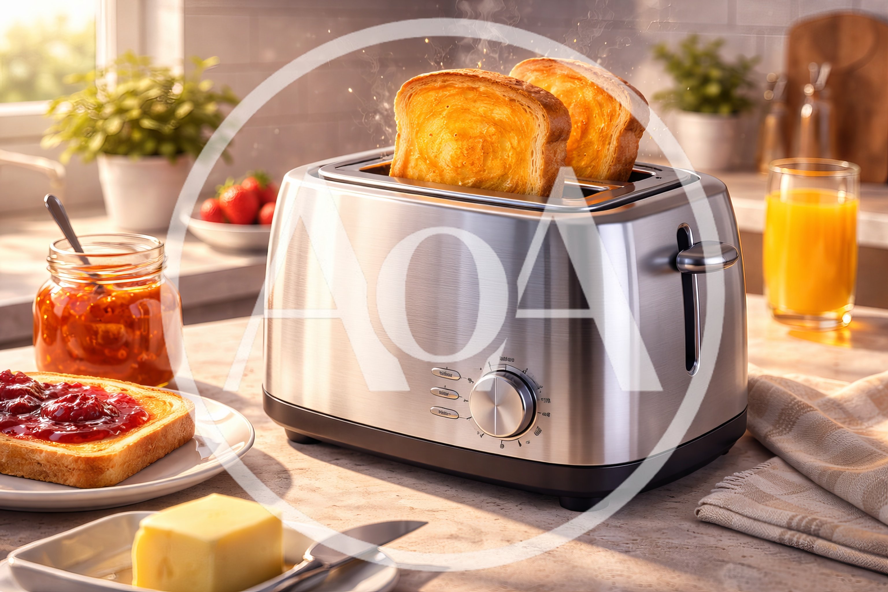 Stainless Steel Toaster With Toasting Bread In Kitchen