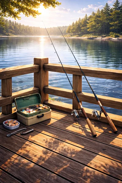Fishing Gear On A Wooden Dock At Sunset