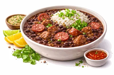 Bowl Of Brazilian Feijoada With Rice And Sides