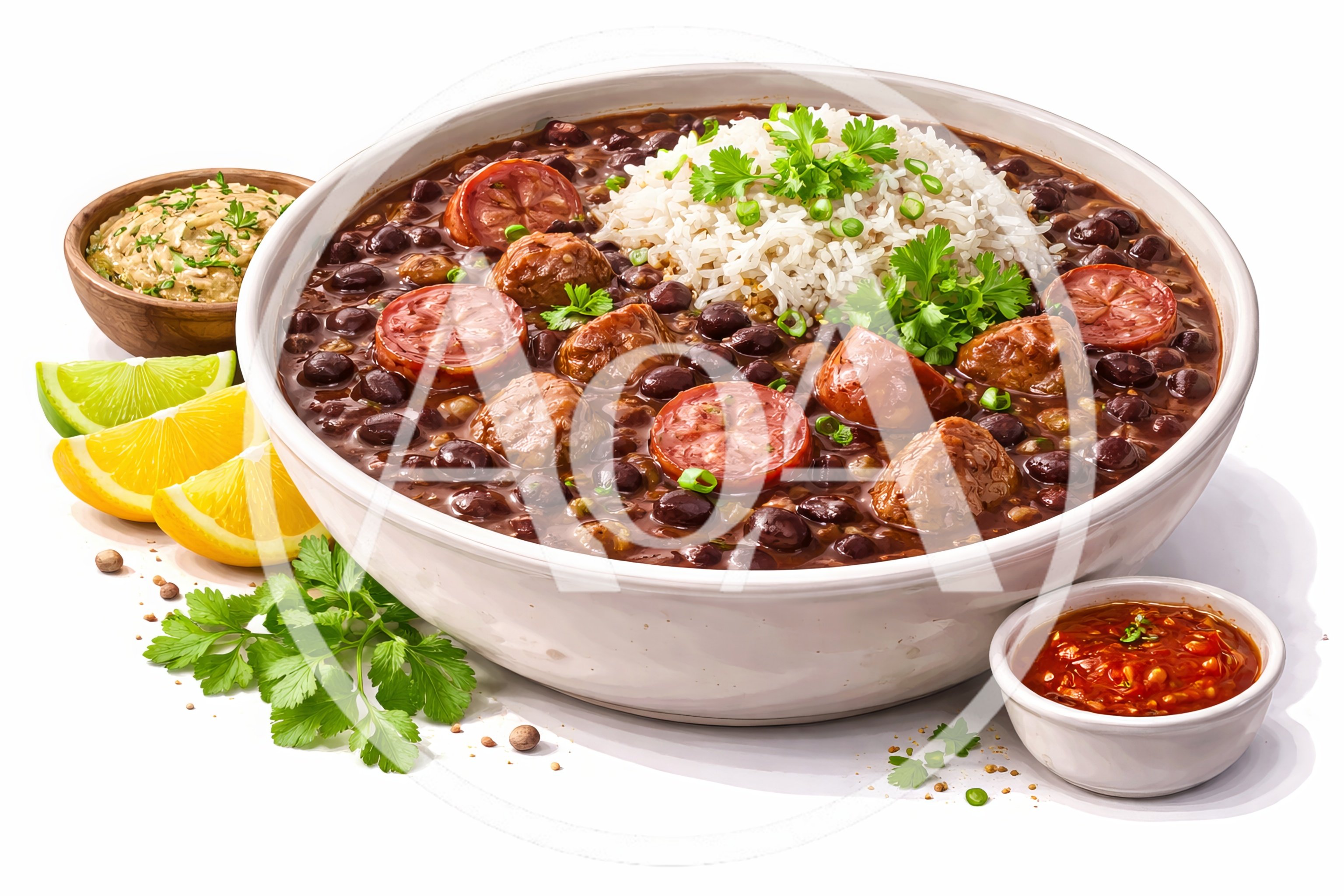 Bowl Of Brazilian Feijoada With Rice And Sides