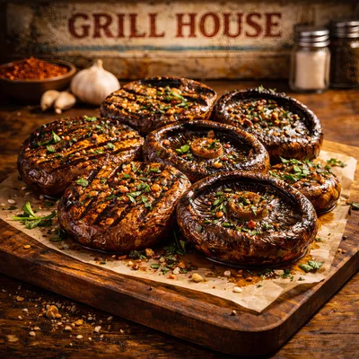 Grilled Portobello Mushrooms On A Wooden Cutting Board