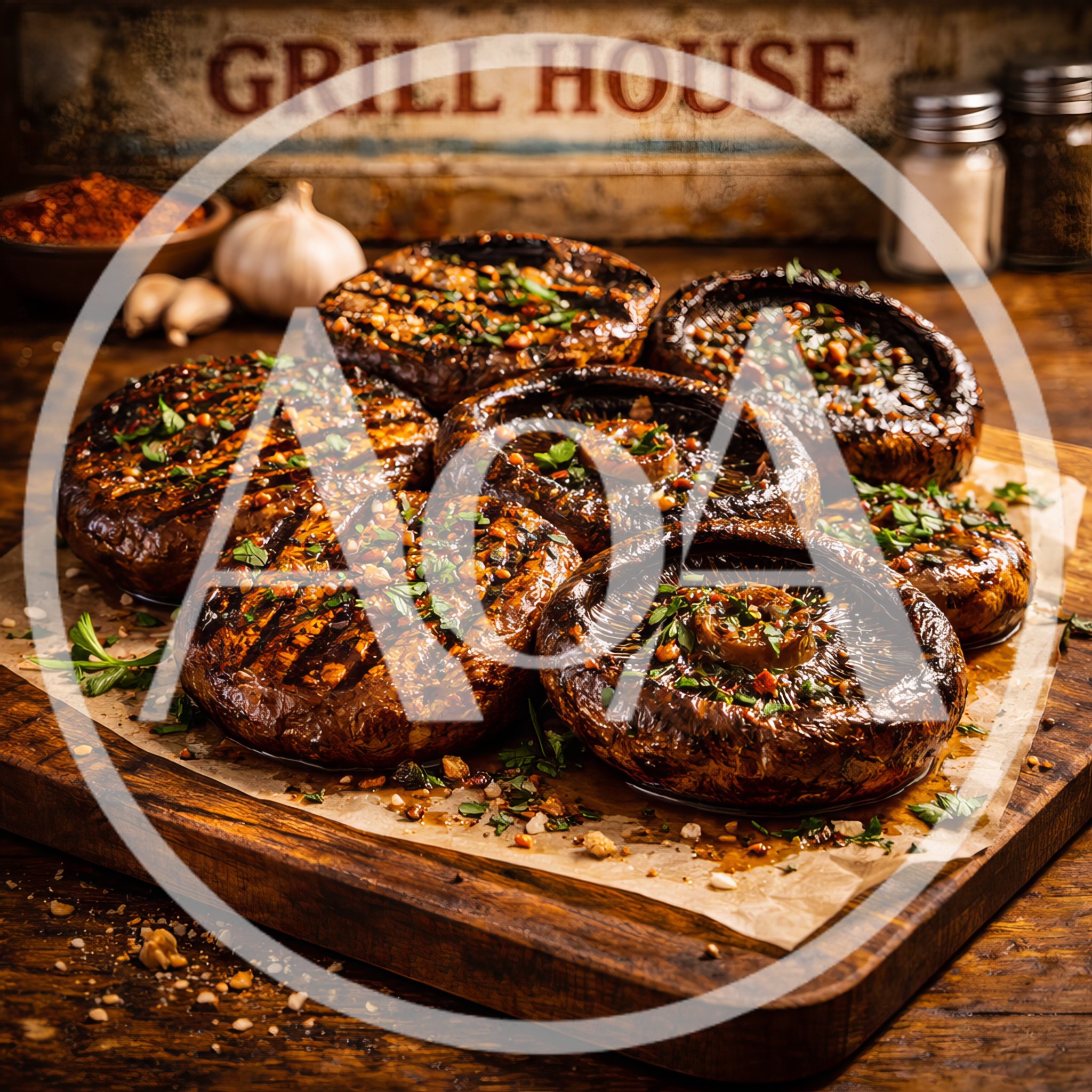 Grilled Portobello Mushrooms On A Wooden Cutting Board