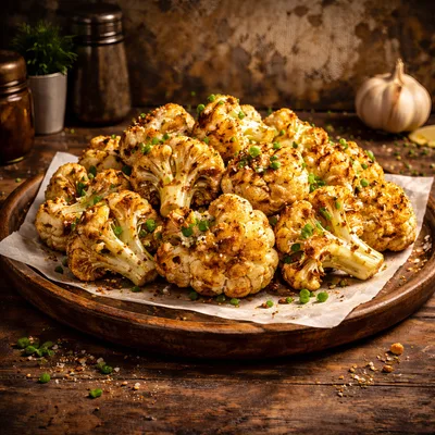 Roasted Cauliflower Florets on a Wooden Platter