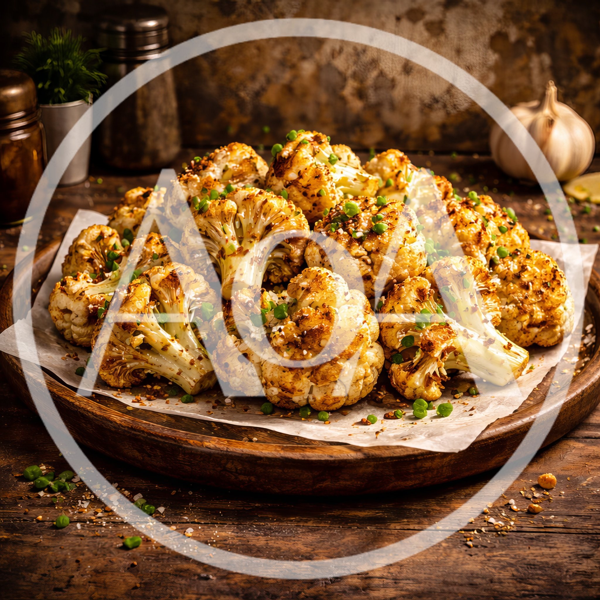 Roasted Cauliflower Florets on a Wooden Platter