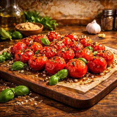 Roasted Cherry Tomatoes With Fresh Basil On Wooden Board