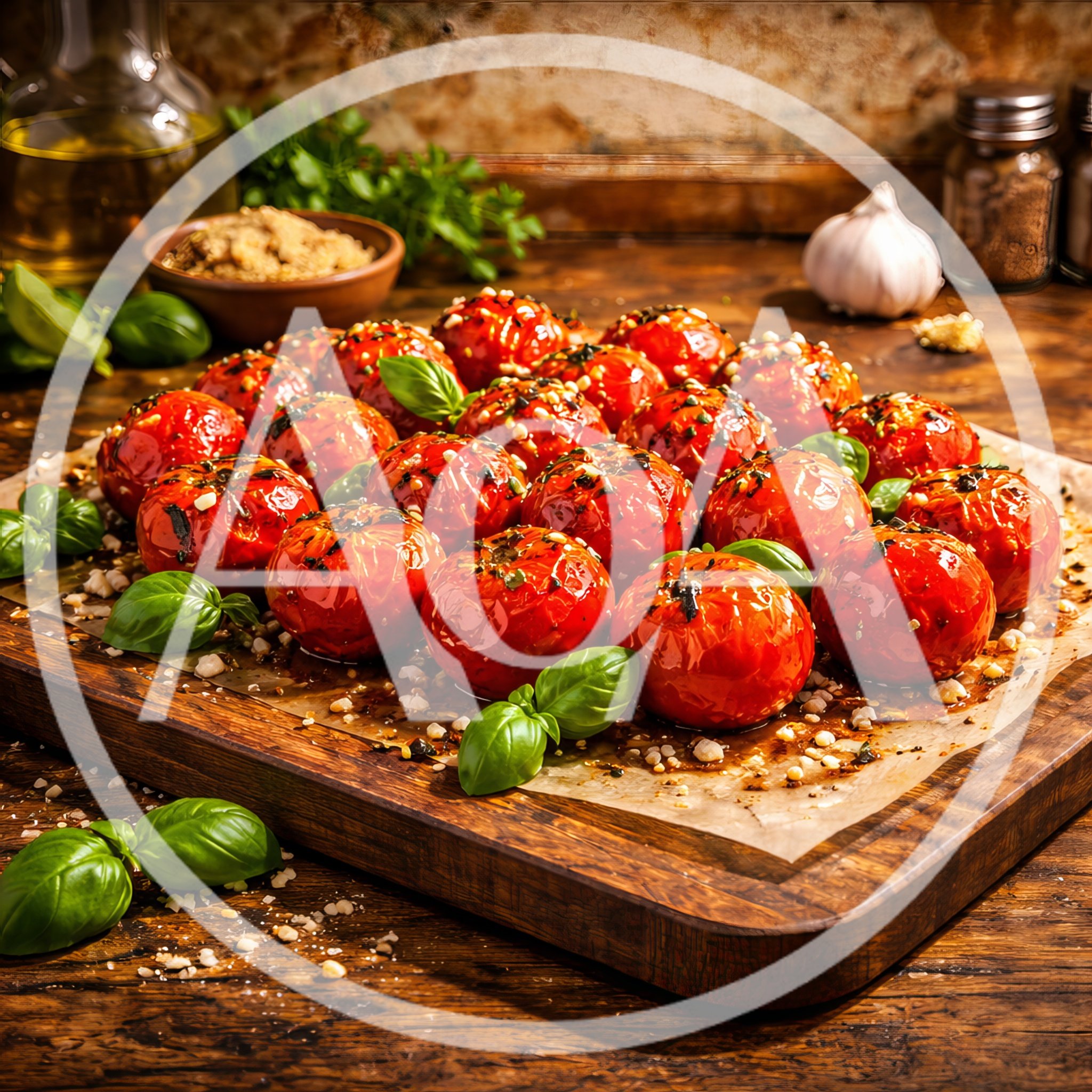 Roasted Cherry Tomatoes With Fresh Basil On Wooden Board