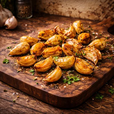 Roasted Garlic Cloves on a Wooden Cutting Board
