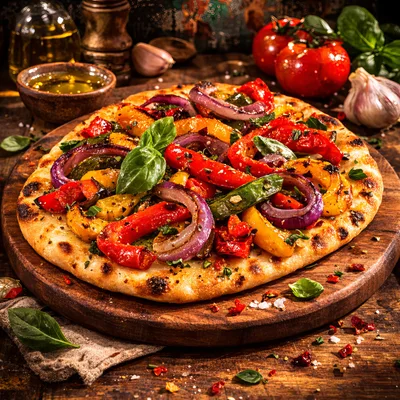 Rustic Vegetable Pizza on Wooden Serving Board