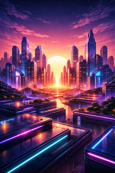 Futuristic Cyberpunk Cityscape At Sunset