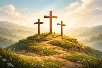 Three Wooden Crosses On A Grassy Hilltop