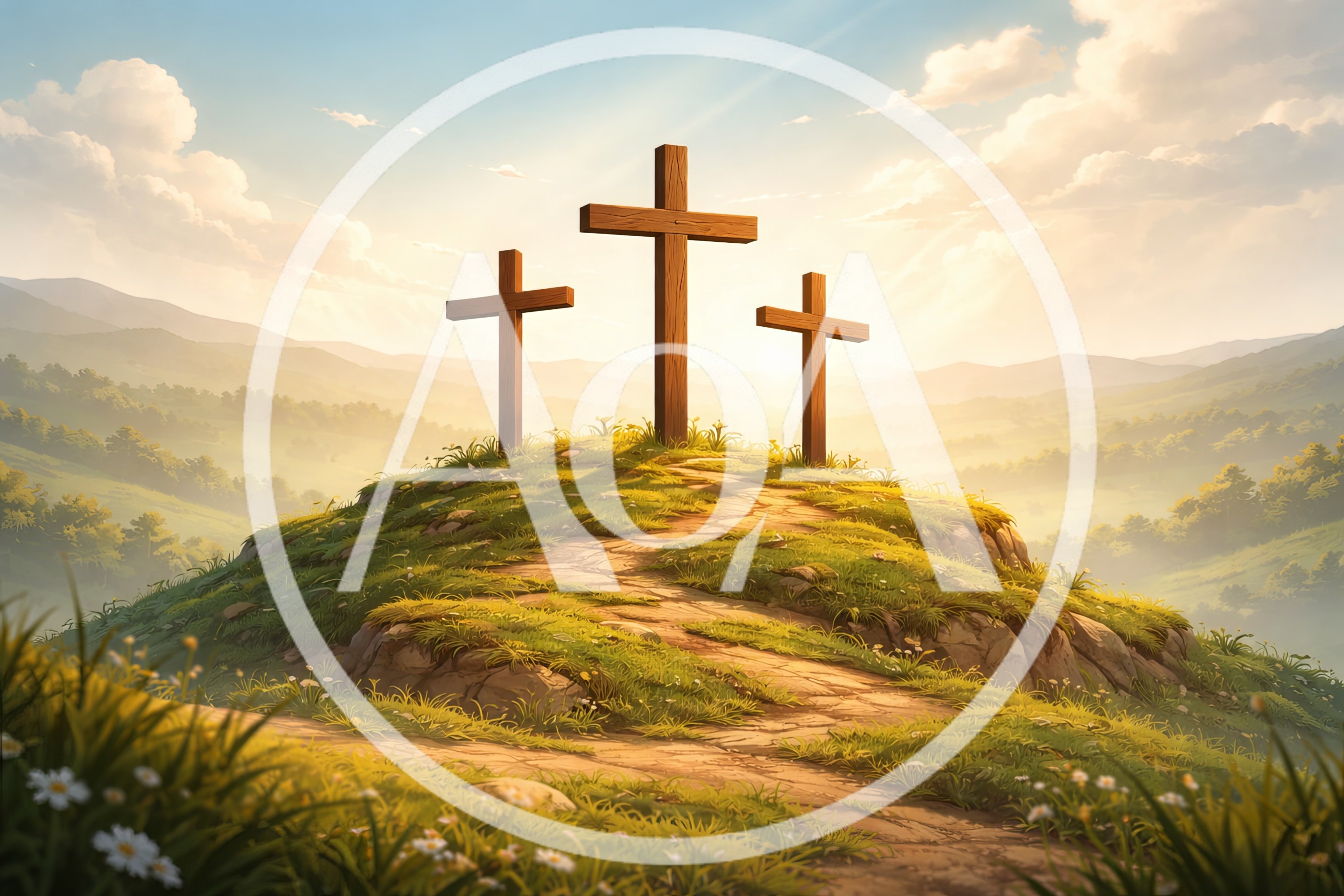Three Wooden Crosses On A Grassy Hilltop