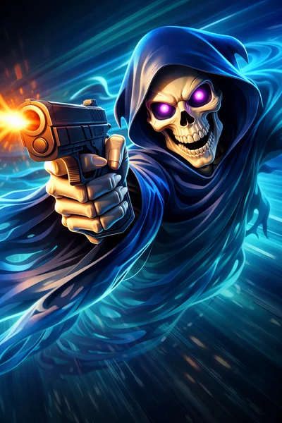 Grim Reaper Skeleton Character Firing A Handgun