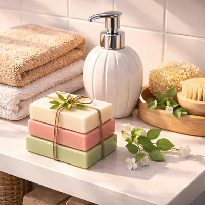 Spa Bathroom Countertop With Soap And Bath Accessories