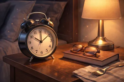 Vintage Alarm Clock And Glasses On Bedside Table