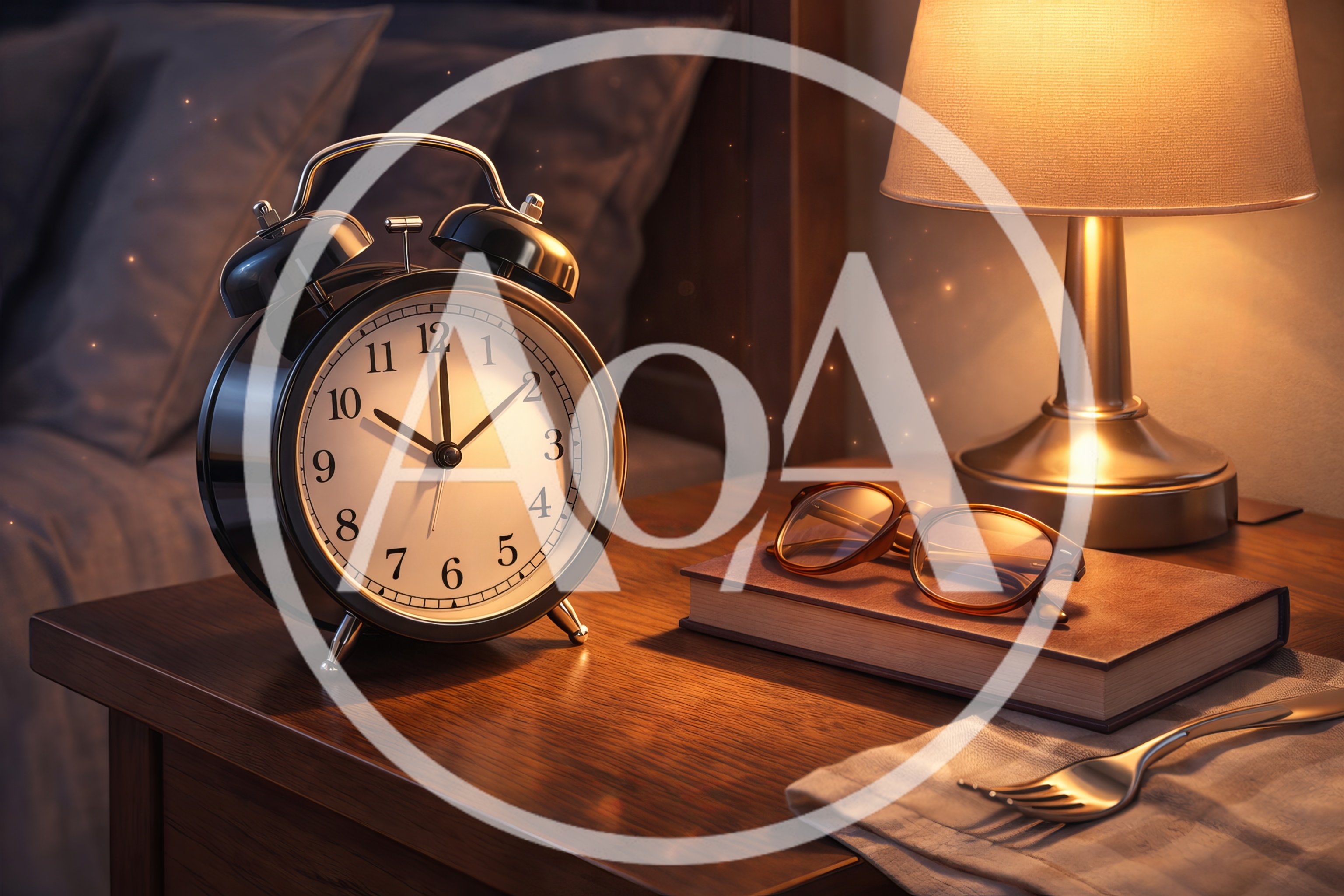 Vintage Alarm Clock And Glasses On Bedside Table
