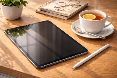 Digital Tablet With Stylus And Tea On Wooden Desk