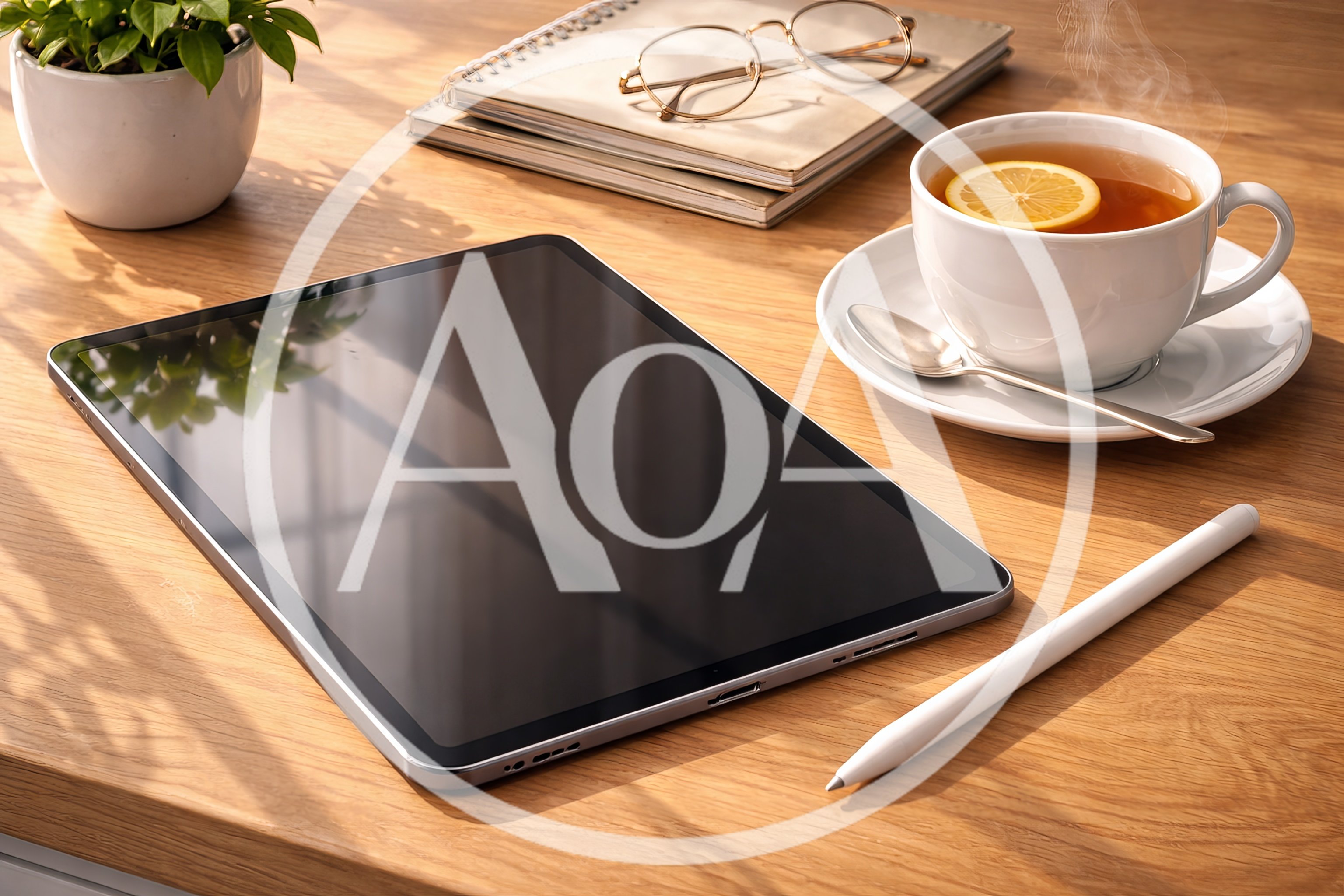 Digital Tablet With Stylus And Tea On Wooden Desk