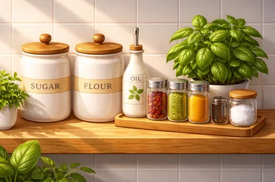 Kitchen Countertop With Ceramic Canisters And Spice Jars