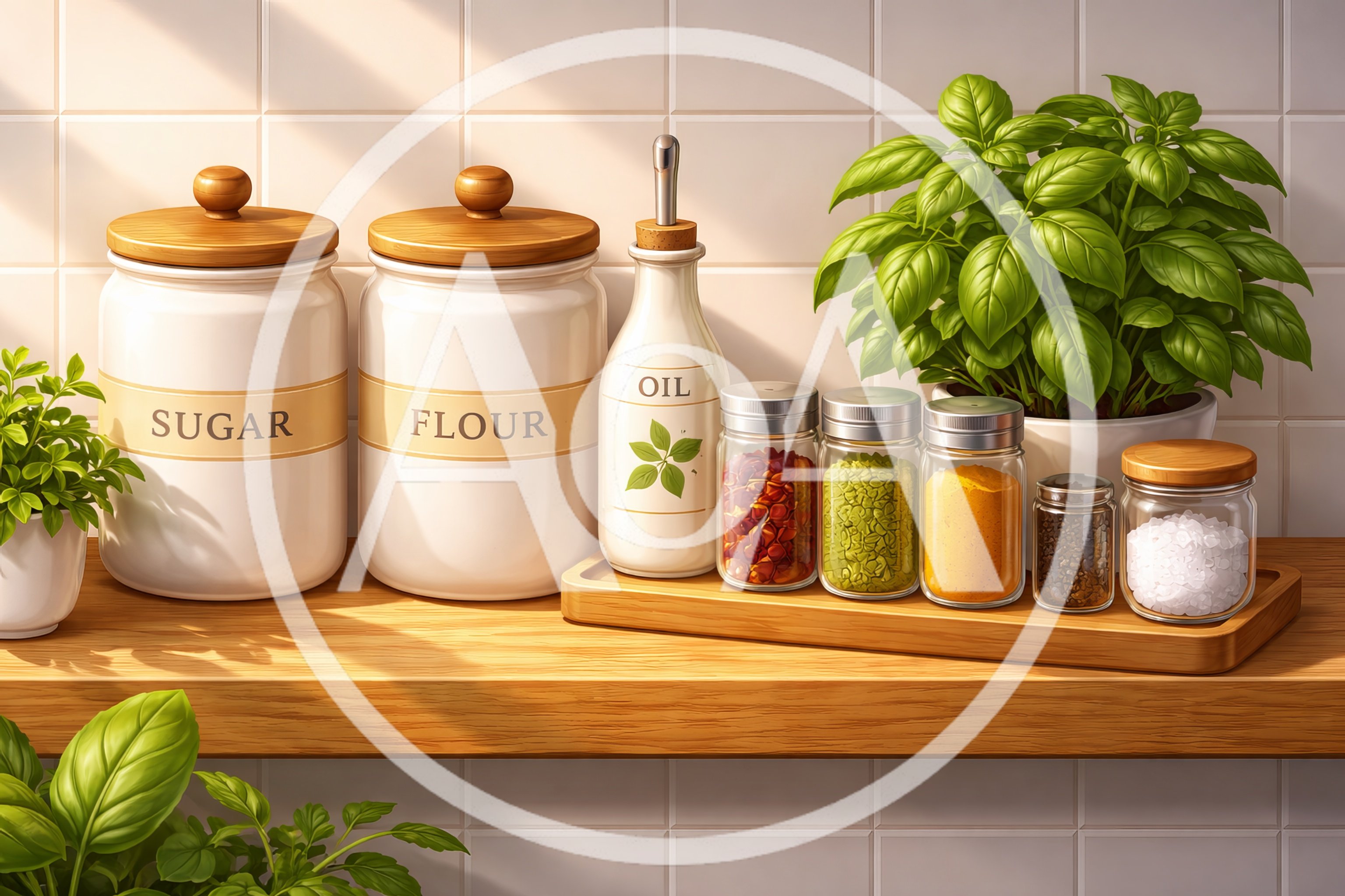 Kitchen Countertop With Ceramic Canisters And Spice Jars