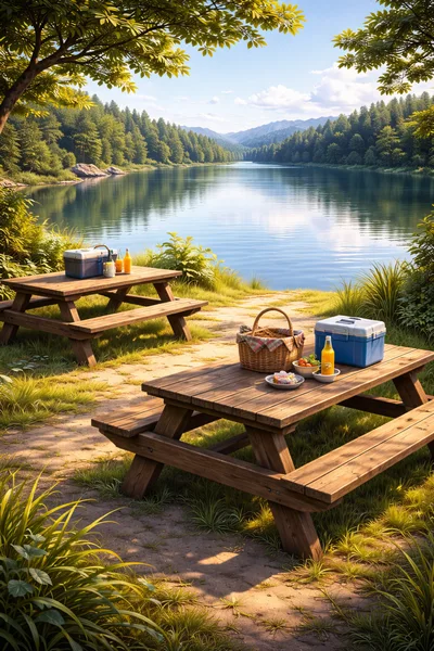Picnic Tables By A Scenic Mountain Lake