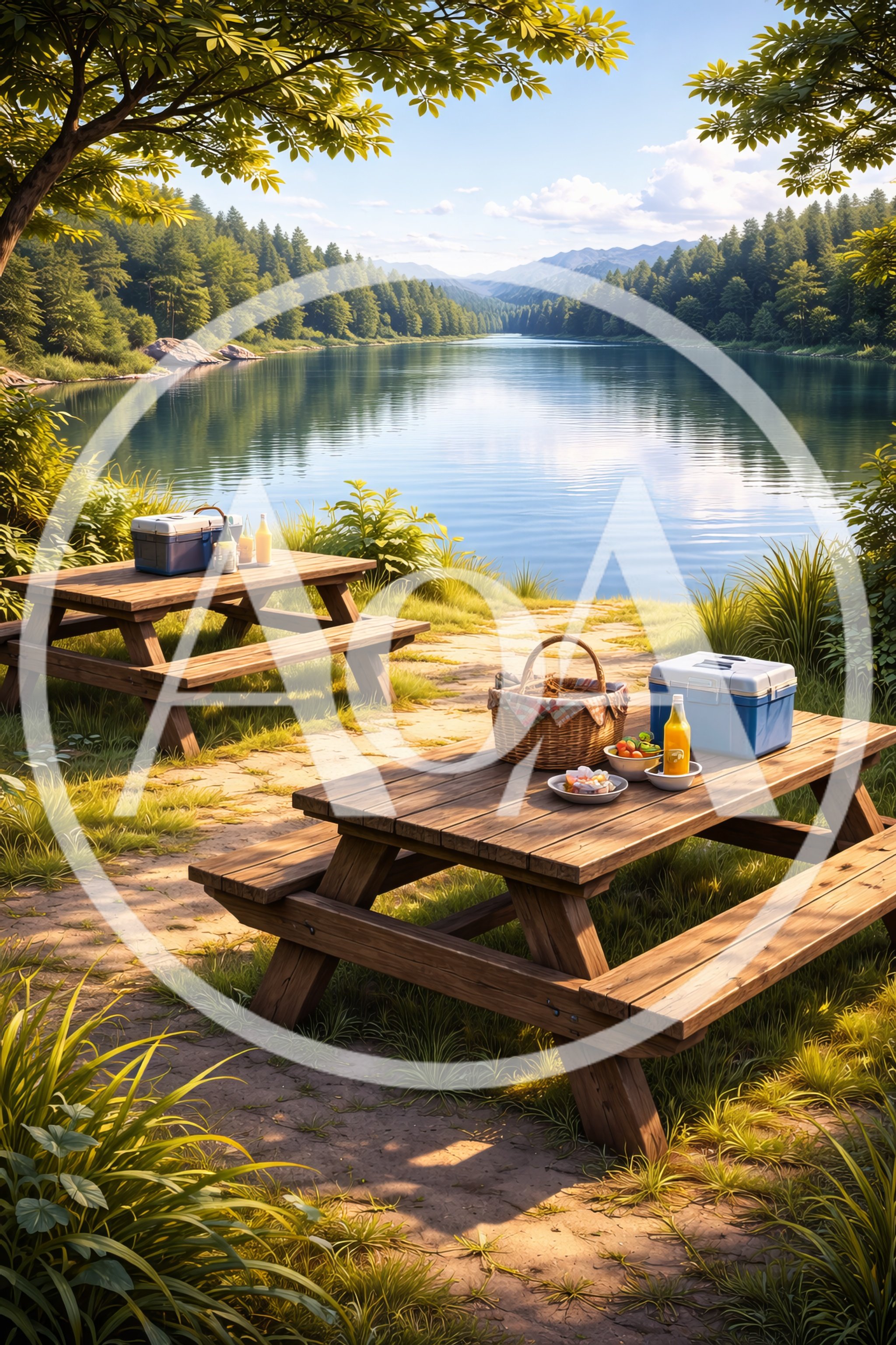 Picnic Tables By A Scenic Mountain Lake