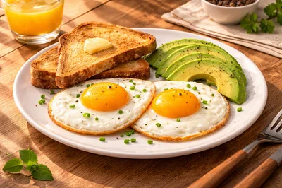 Breakfast Plate With Fried Eggs Avocado And Toast