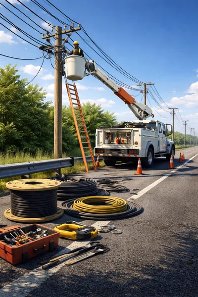Utility Worker Repairing Power Lines From Bucket Truck
