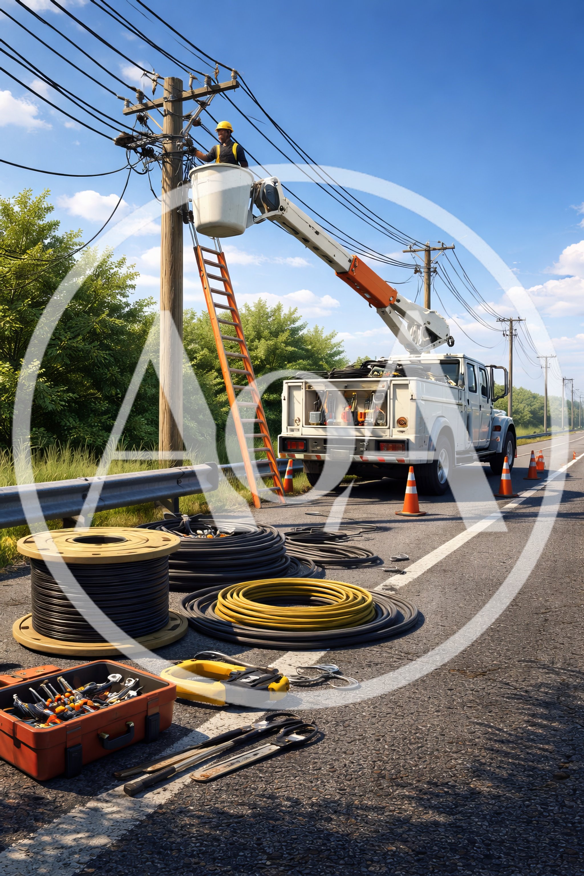 Utility Worker Repairing Power Lines From Bucket Truck