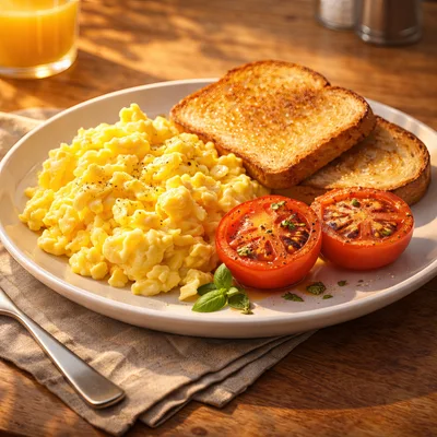 Scrambled Eggs With Toast And Grilled Tomatoes