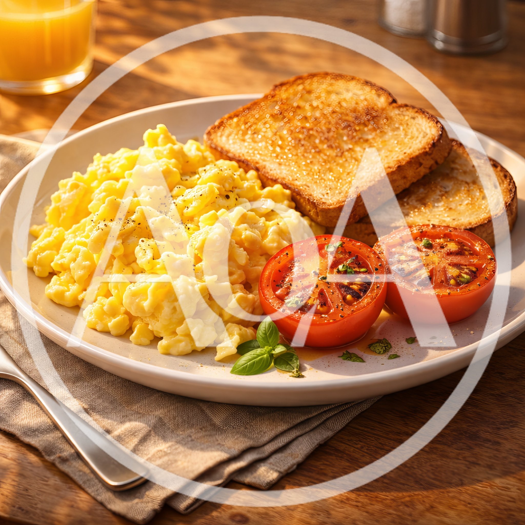 Scrambled Eggs With Toast And Grilled Tomatoes