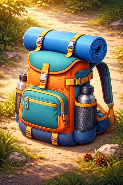 Hiking Backpack With Sleeping Mat On Forest Trail