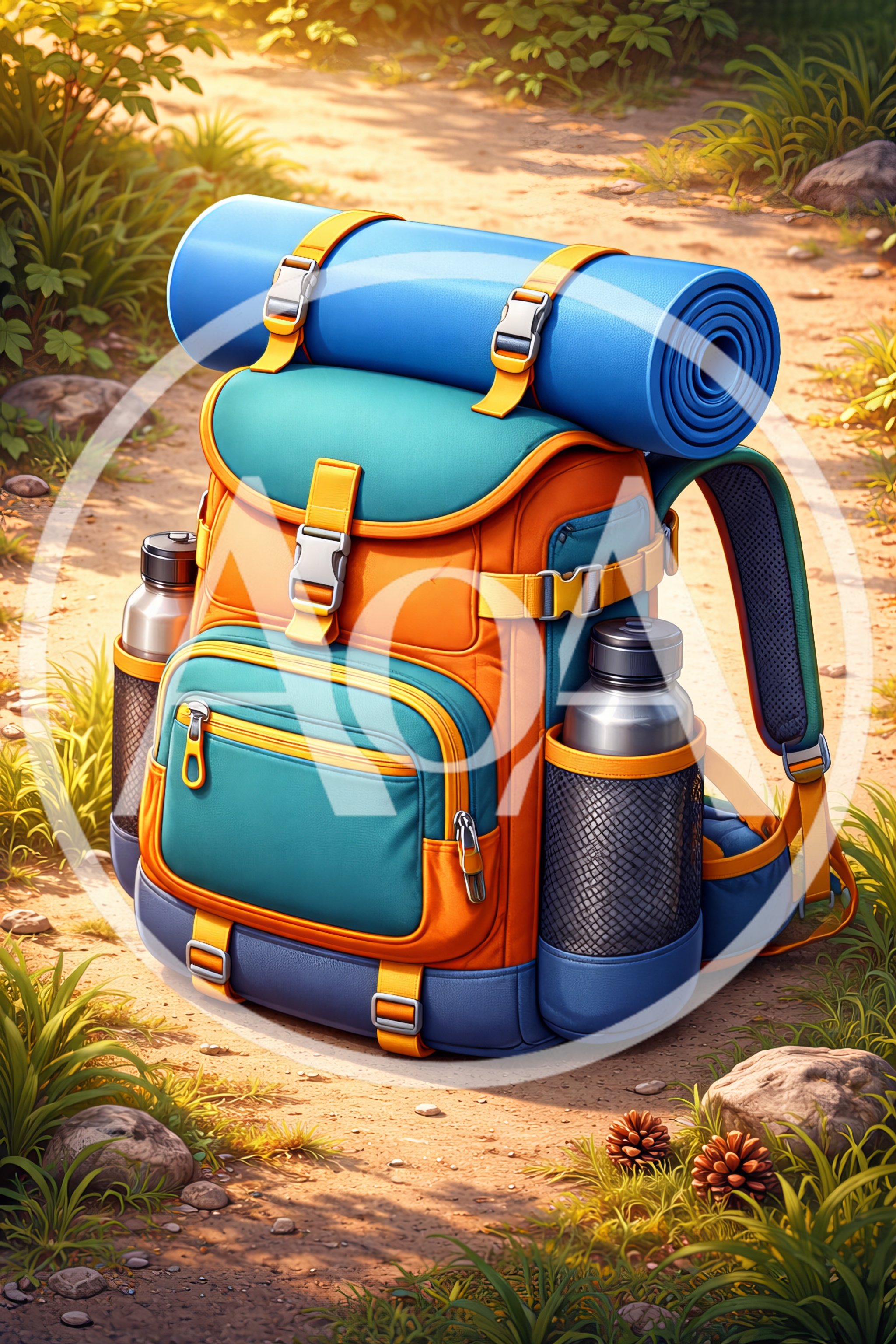 Hiking Backpack With Sleeping Mat On Forest Trail