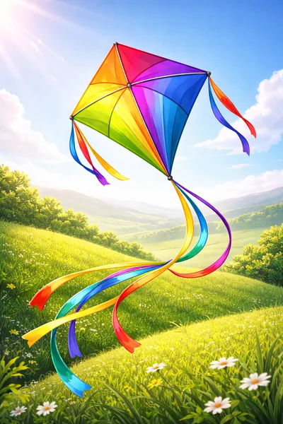 Colorful Rainbow Kite Flying Over A Sunny Green Meadow