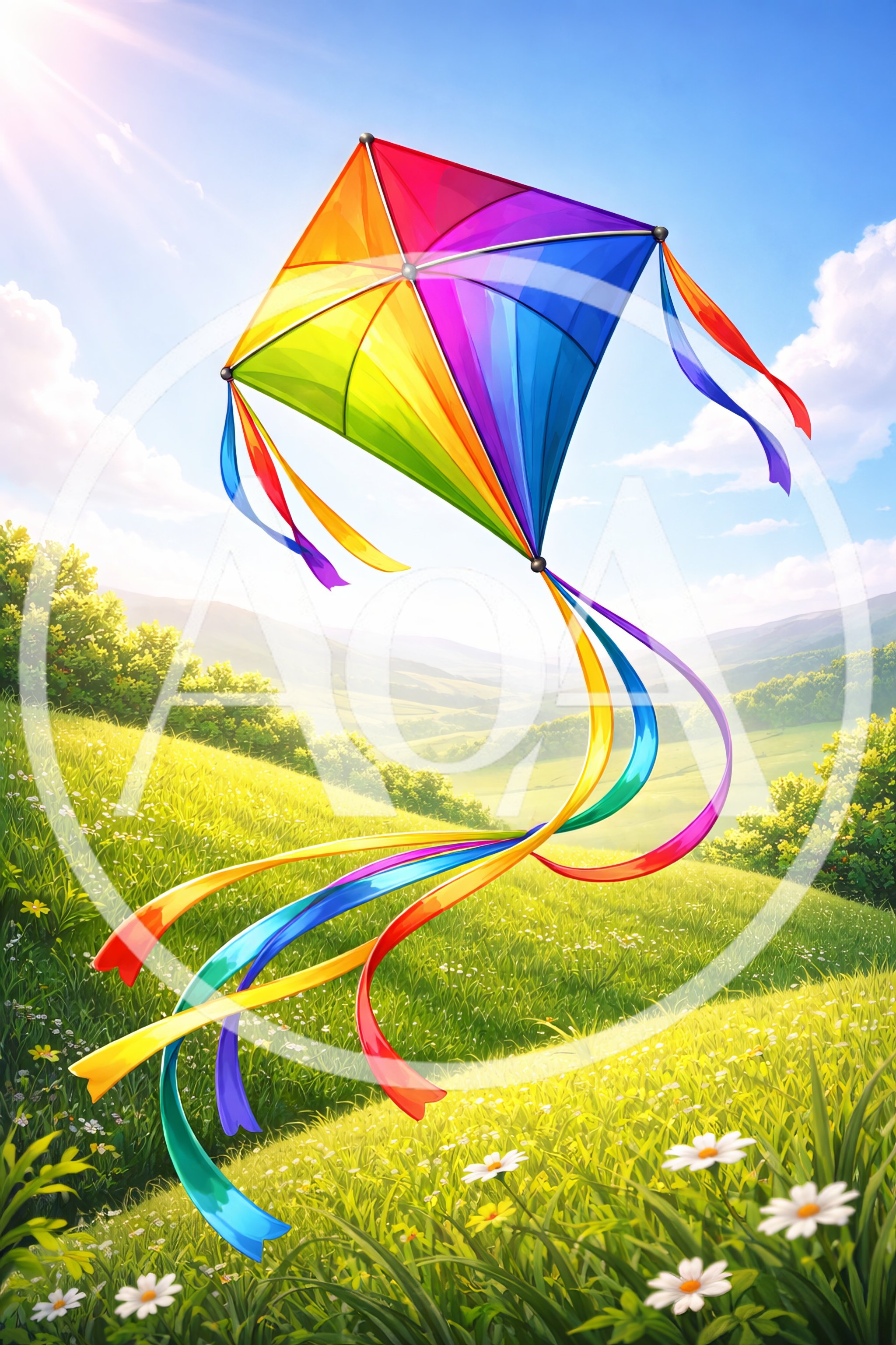 Colorful Rainbow Kite Flying Over A Sunny Green Meadow