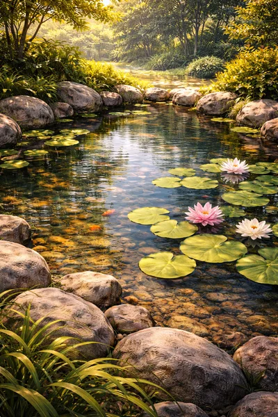 Serene Pond With Water Lilies And Rocks