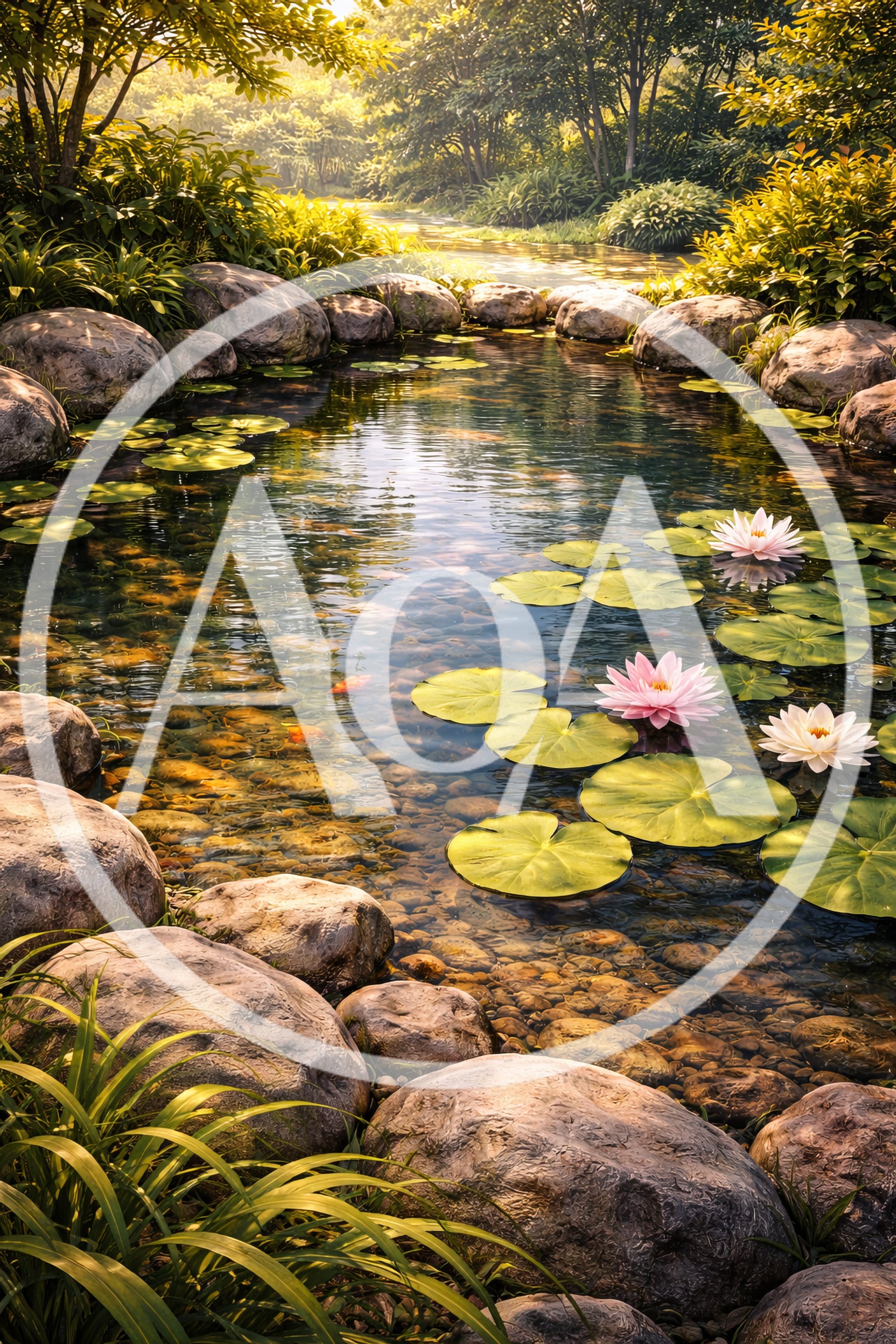 Serene Pond With Water Lilies And Rocks