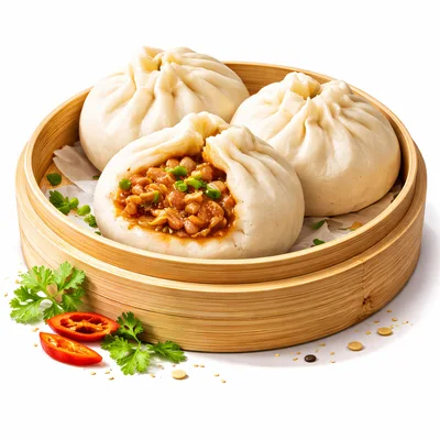 Steamed Baozi Dumplings In A Bamboo Steamer